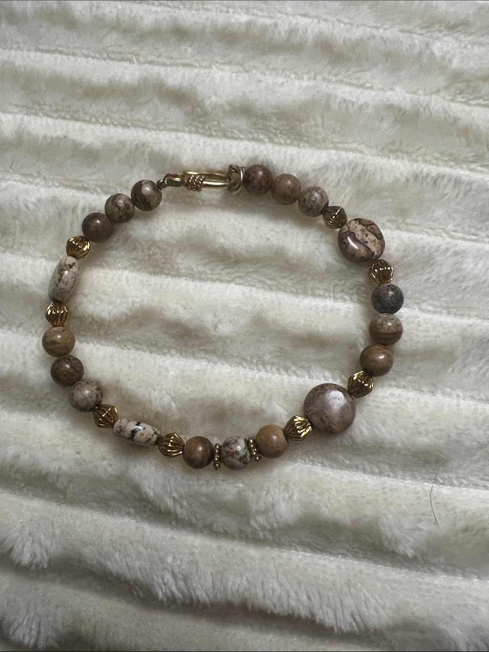 7.5” Natural African Picture Jasper Beaded Bracelet with Gold Accents